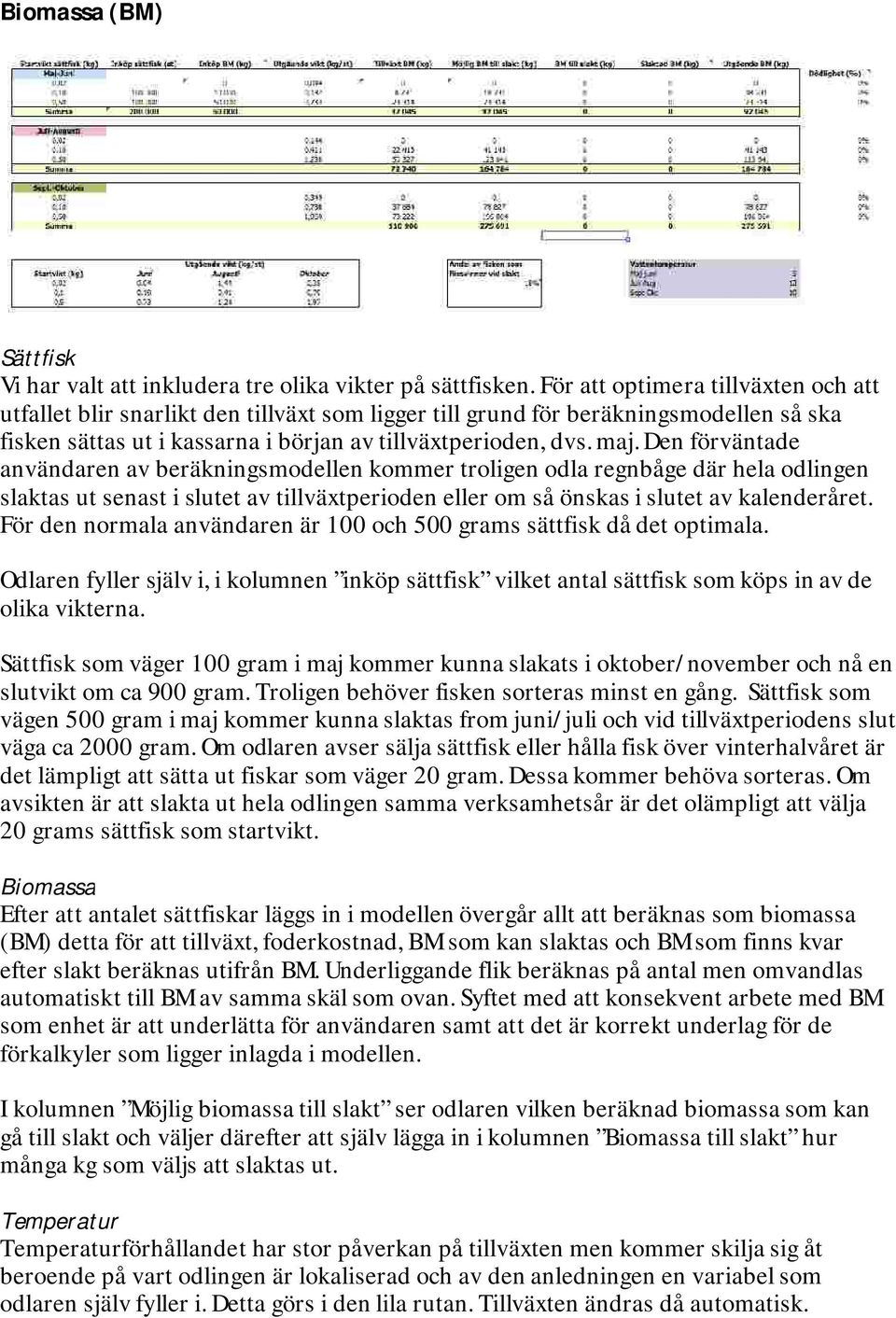 Den förväntade användaren av beräkningsmodellen kommer troligen odla regnbåge där hela odlingen slaktas ut senast i slutet av tillväxtperioden eller om så önskas i slutet av kalenderåret.