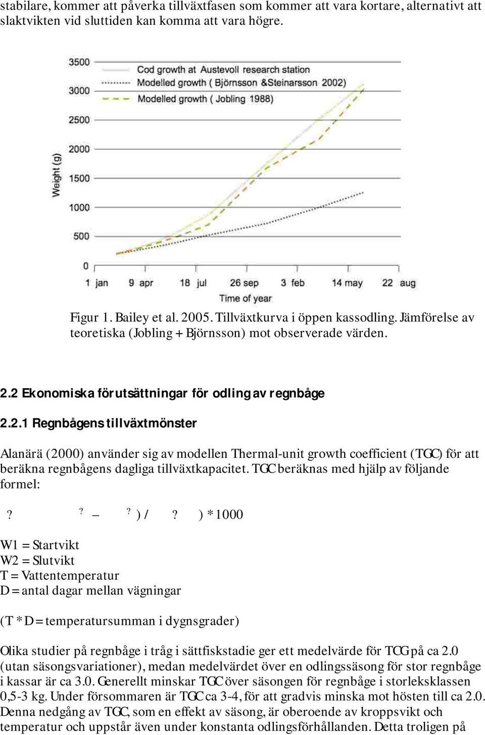 2 Ekonomiska förutsättningar för odling av regnbåge 2.2.1 Regnbågens tillväxtmönster Alanärä (2000) använder sig av modellen Thermal-unit growth coefficient (TGC) för att beräkna regnbågens dagliga tillväxtkapacitet.