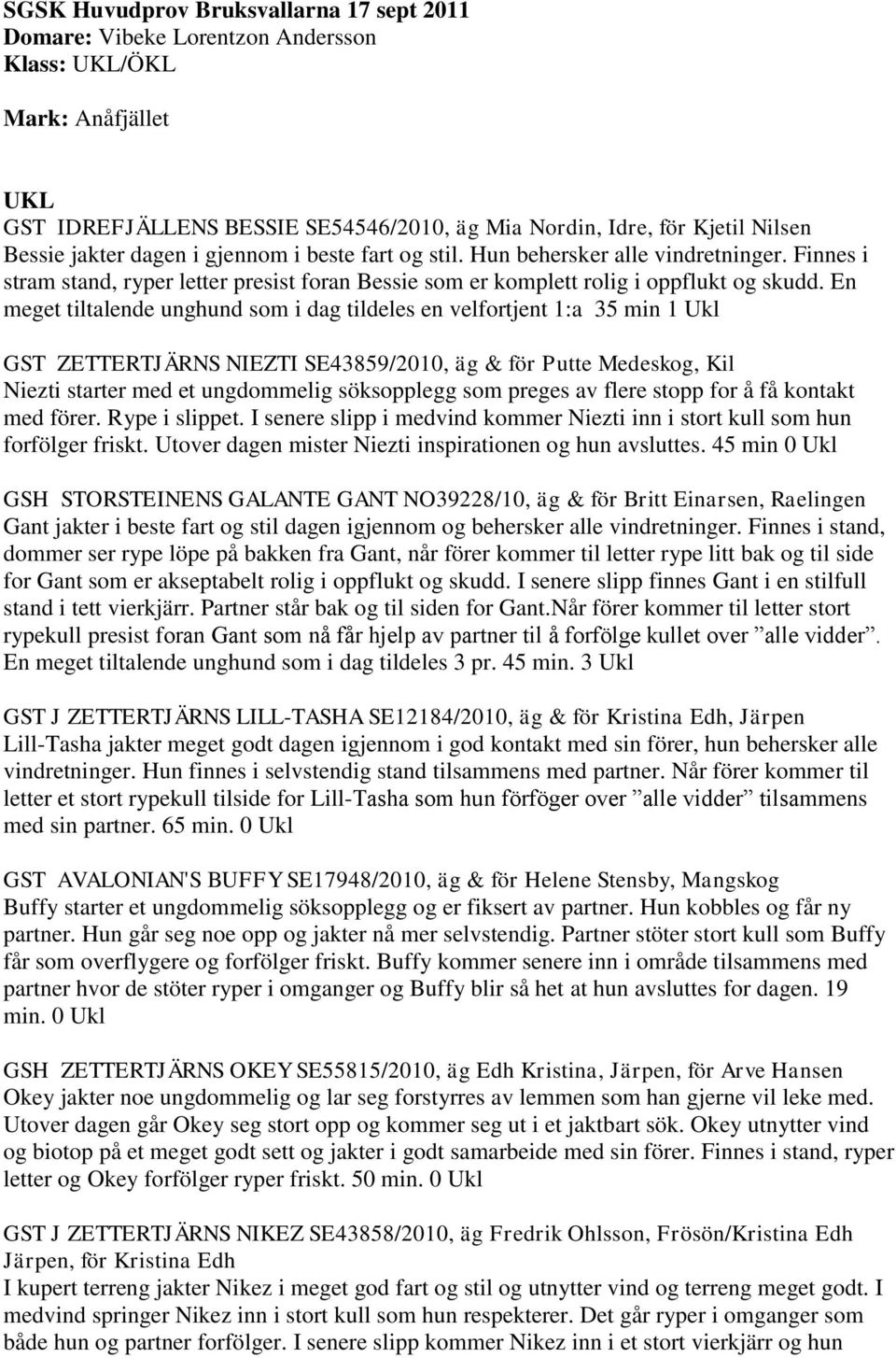 En meget tiltalende unghund som i dag tildeles en velfortjent 1:a 35 min 1 Ukl GST ZETTERTJÄRNS NIEZTI SE43859/2010, äg & för Putte Medeskog, Kil Niezti starter med et ungdommelig söksopplegg som