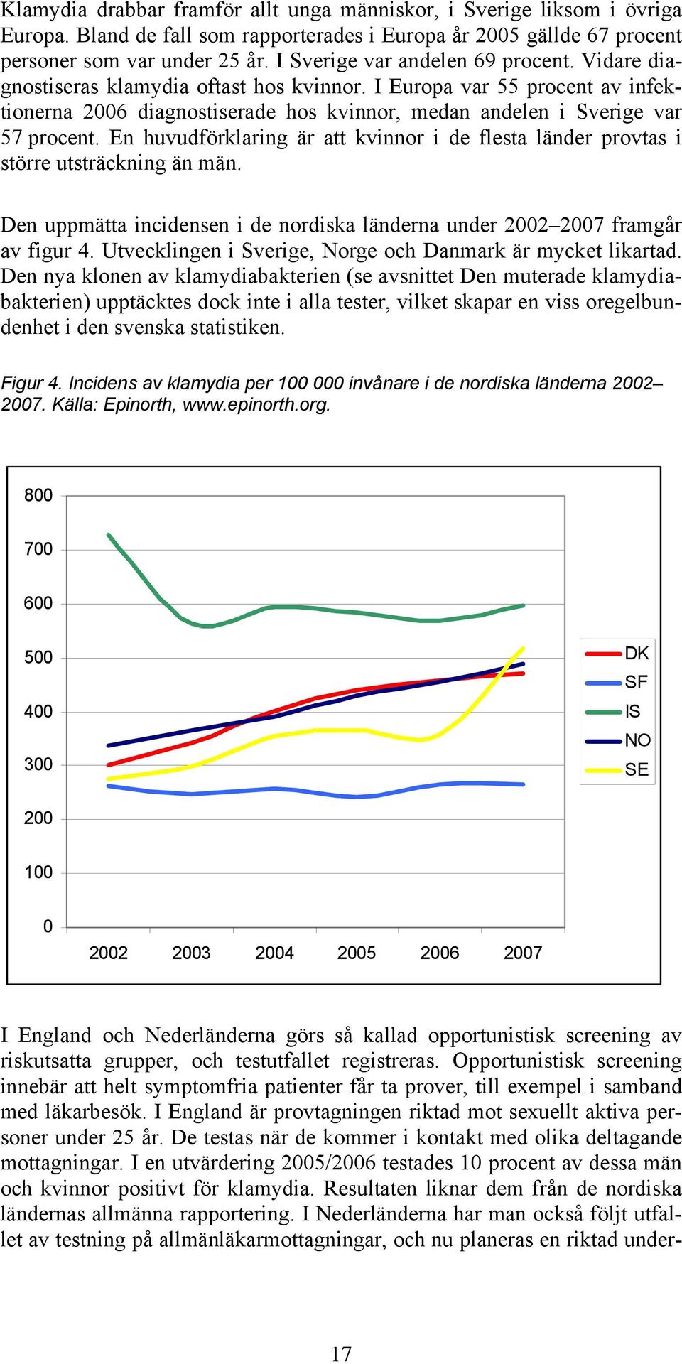 En huvudförklaring är att kvinnor i de flesta länder provtas i större utsträckning än män. Den uppmätta incidensen i de nordiska länderna under 2002 2007 framgår av figur 4.