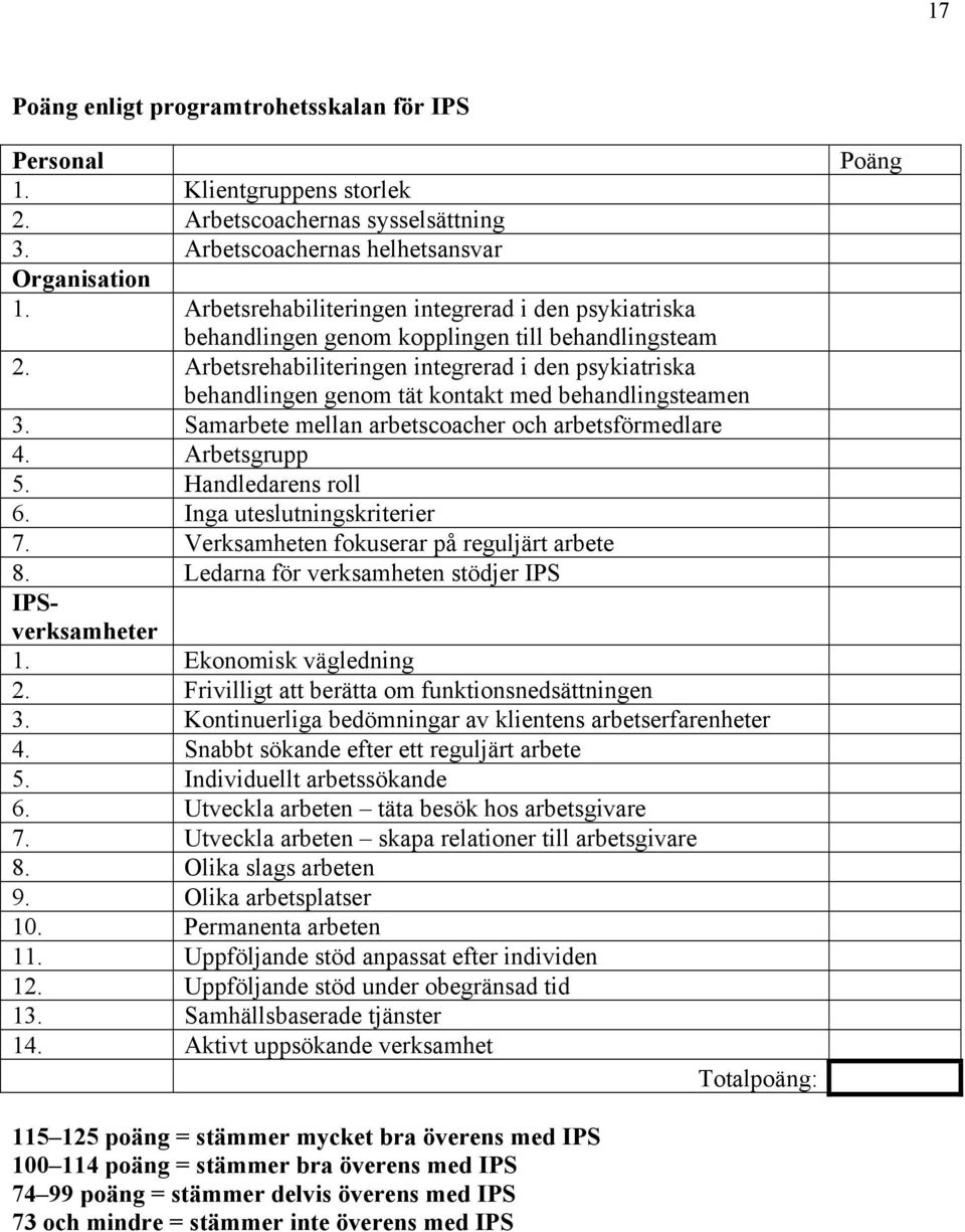 Arbetsrehabiliteringen integrerad i den psykiatriska behandlingen genom tät kontakt med behandlingsteamen 3. Samarbete mellan arbetscoacher och arbetsförmedlare 4. Arbetsgrupp 5. Handledarens roll 6.