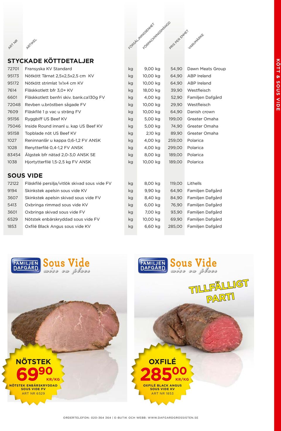 bröben sågade FV 1, 29, Wefleisch 769 Fläskfilé 1 p vac u räng FV 1, 64, Danish crown 95156 Ryggbiff US Beef KV 5, 199, Greater Omaha 7546 Inside Round innanl u.