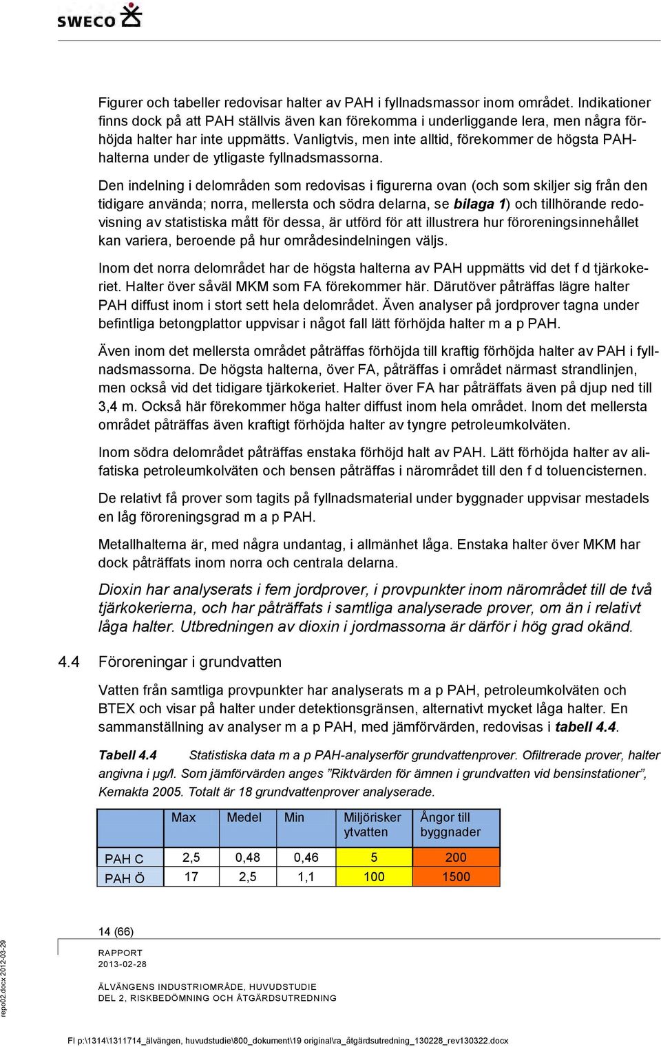 Vanligtvis, men inte alltid, förekommer de högsta PAHhalterna under de ytligaste fyllnadsmassorna.