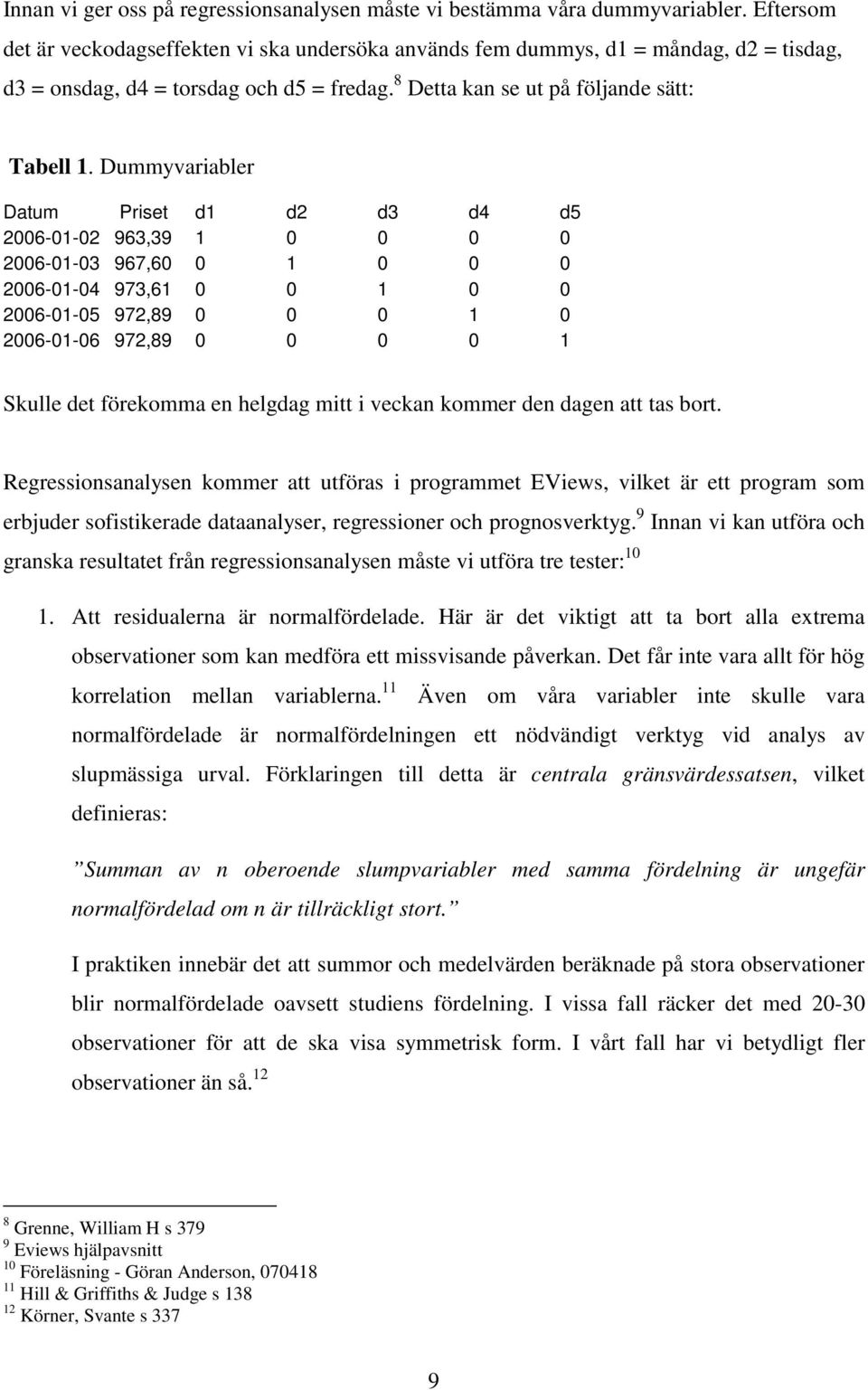 Dummyvariabler Datum Priset d1 d2 d3 d4 d5 2006-01-02 963,39 1 0 0 0 0 2006-01-03 967,60 0 1 0 0 0 2006-01-04 973,61 0 0 1 0 0 2006-01-05 972,89 0 0 0 1 0 2006-01-06 972,89 0 0 0 0 1 Skulle det