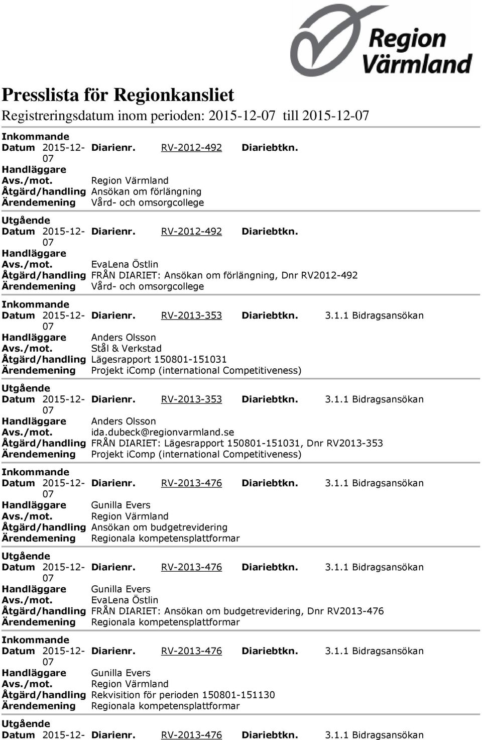 Åtgärd/handling FRÅN DIARIET: Ansökan om förlängning, Dnr RV2012-492 Ärendemening Vård- och omsorgcollege Diarienr. RV-2013-353 Diariebtkn. 3.1.1 Bidragsansökan Anders Olsson Avs./mot.