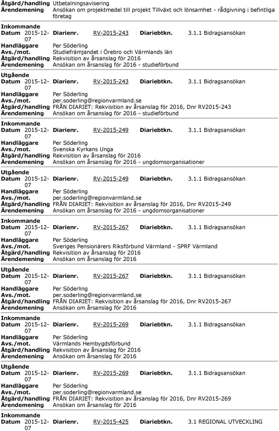 - studieförbund Diarienr. RV-2015-243 Diariebtkn. 3.1.1 Bidragsansökan Åtgärd/handling FRÅN DIARIET: Rekvisition av årsanslag för 2016, Dnr RV2015-243 Ärendemening Ansökan om årsanslag för 2016 - studieförbund Diarienr.