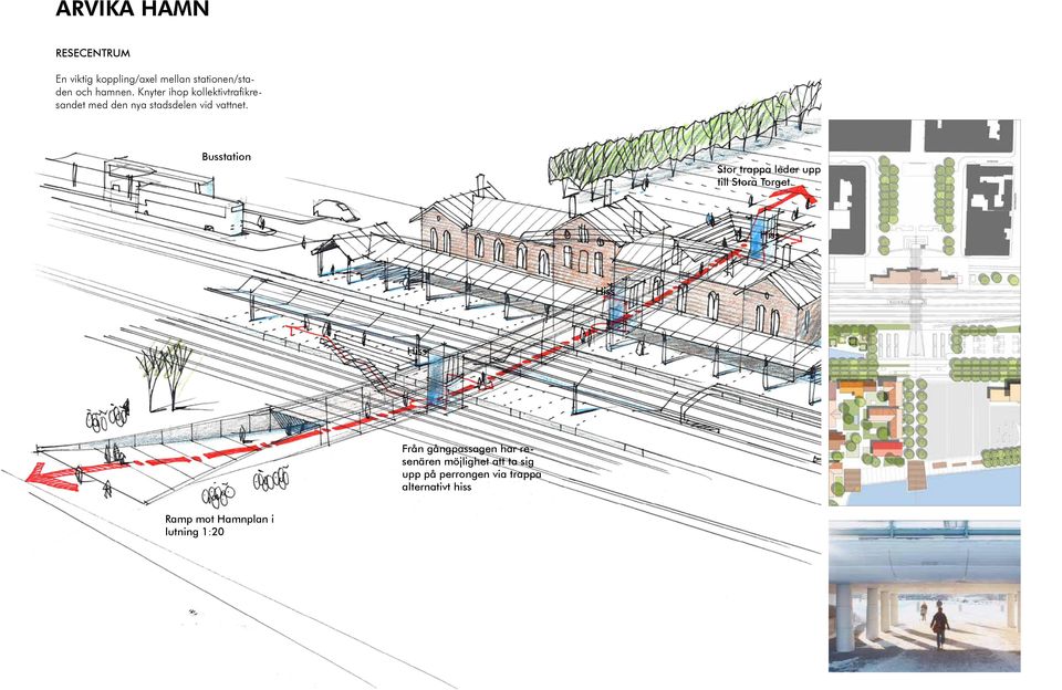 Busstation Stor trappa leder upp till Stora Torget Hiss Hiss Hiss Från gångpassagen har