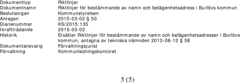 2015-03-02 Historik Ersätter Riktlinjer för bestämmande av namn och belägenhetsadresser i Burlövs kommun,