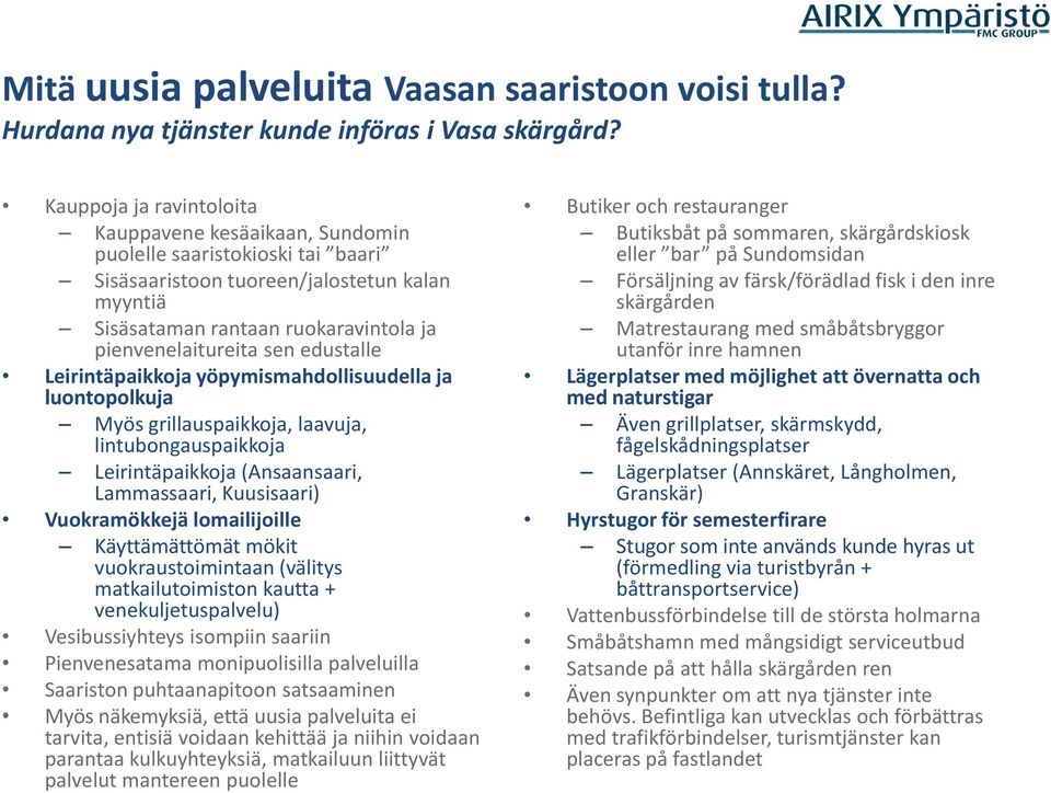 edustalle Leirintäpaikkoja yöpymismahdollisuudella ja luontopolkuja Myös grillauspaikkoja, laavuja, lintubongauspaikkoja Leirintäpaikkoja (Ansaansaari, Lammassaari, Kuusisaari) Vuokramökkejä