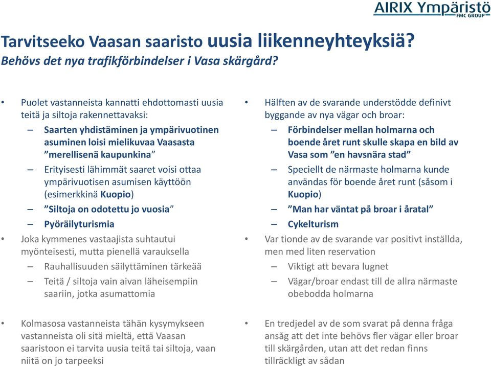 saaret voisi ottaa ympärivuotisen asumisen käyttöön (esimerkkinä Kuopio) Siltoja on odotettu jo vuosia Pyöräilyturismia Joka kymmenes vastaajista suhtautui myönteisesti, mutta pienellä varauksella