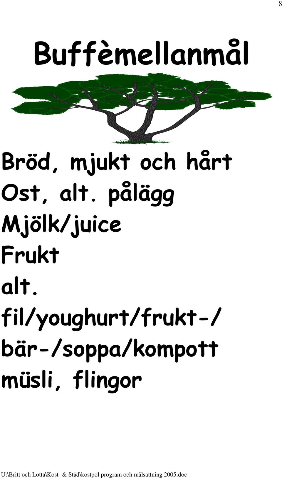 pålägg Mjölk/juice Frukt alt.