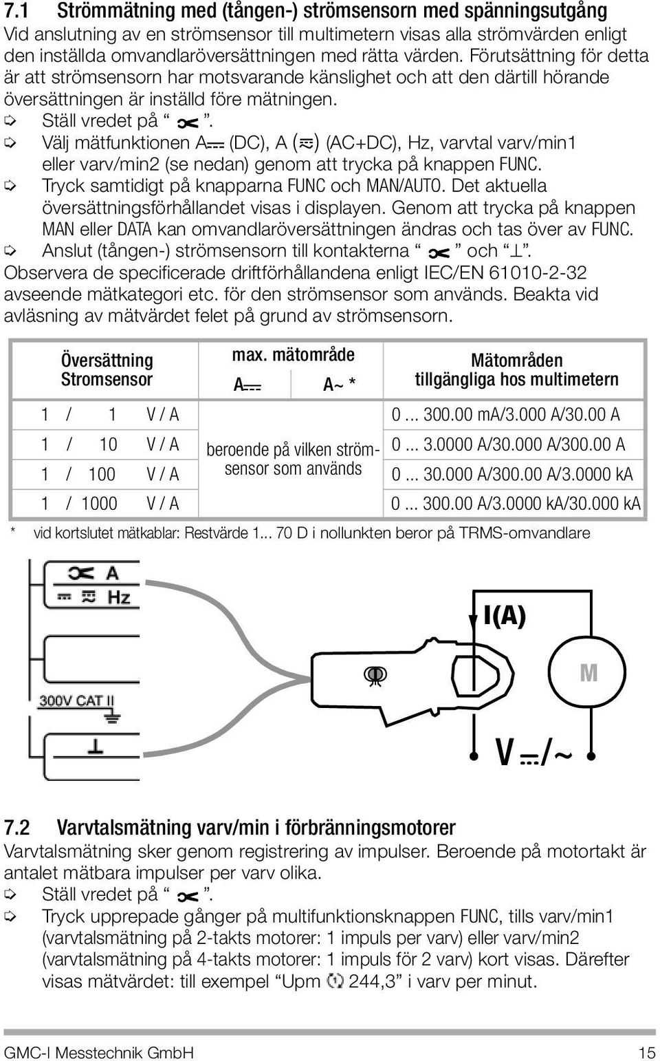 Välj mätfunktionen A (DC), A ( ) (AC+DC), Hz, varvtal varv/min1 eller varv/min2 (se nedan) genom att trycka på knappen FUNC. Tryck samtidigt på knapparna FUNC och MAN/AUTO.