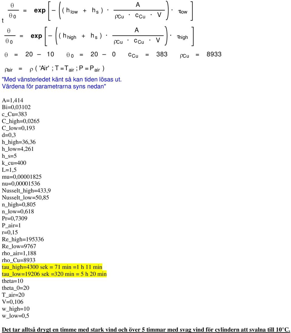 Värena för parametrarna syns nean" A=1,414 Bi=0,03102 c_cu=383 C_high=0,0265 C_low=0,193 =0,3 h_high=36,36 h_low=4,261 h_s=5 k_cu=400 L=1,5 mu=0,00001825 nu=0,00001536 Nusselt_high=433,9