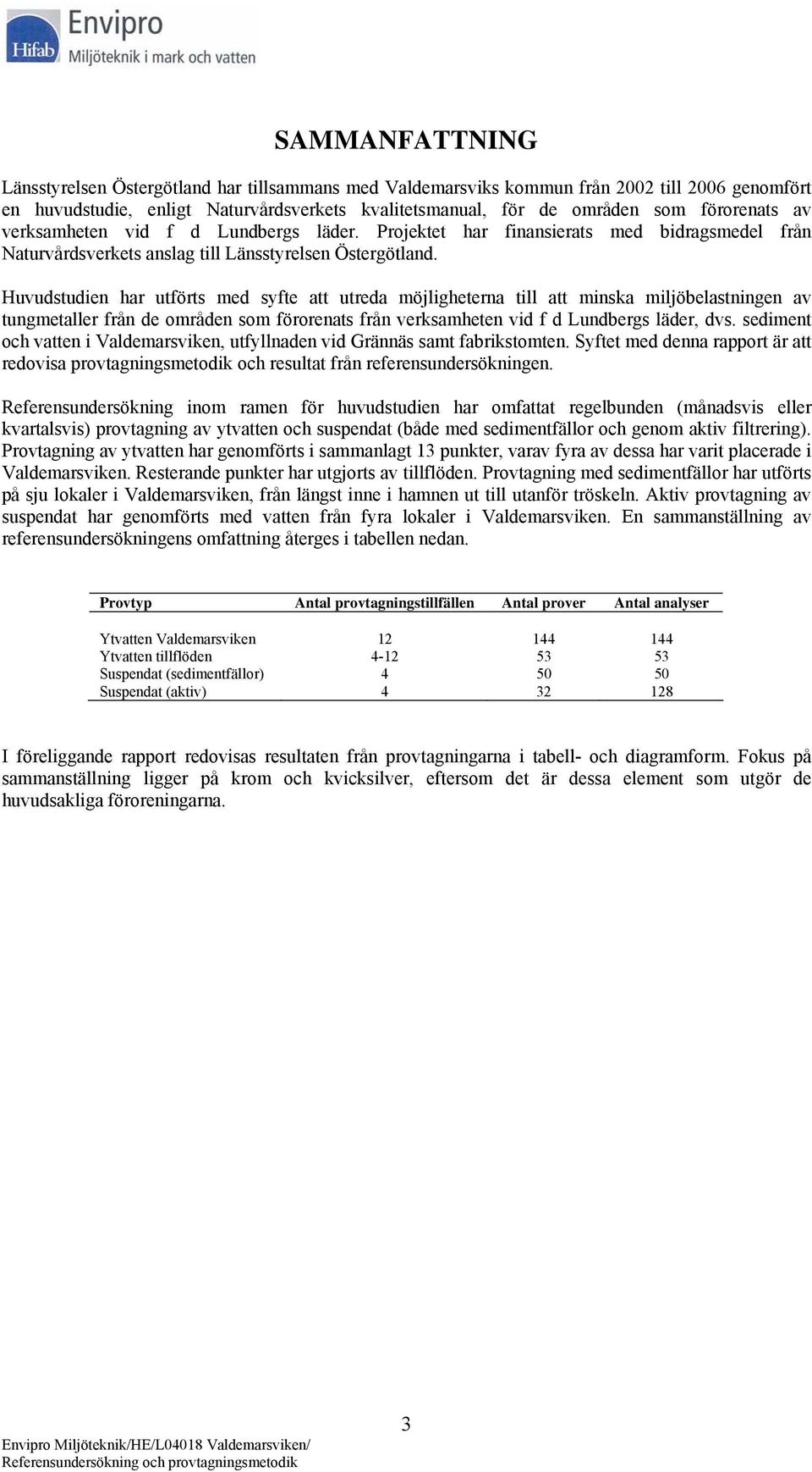 Huvudstudien har utförts med syfte att utreda möjligheterna till att minska miljöbelastningen av tungmetaller från de områden som förorenats från verksamheten vid f d Lundbergs läder, dvs.