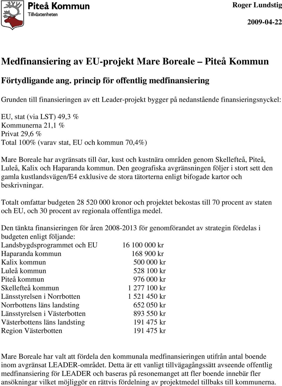 100% (varav stat, EU och kommun 70,4%) Mare Boreale har avgränsats till öar, kust och kustnära områden genom Skellefteå, Piteå, Luleå, Kalix och Haparanda kommun.