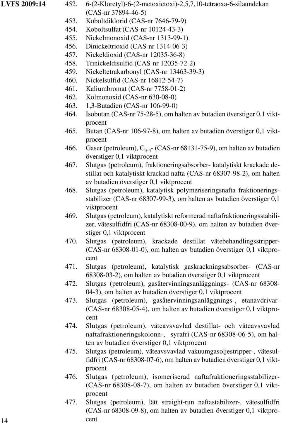 Nickeltetrakarbonyl (CAS-nr 13463-39-3) 460. Nickelsulfid (CAS-nr 16812-54-7) 461. Kaliumbromat (CAS-nr 7758-01-2) 462. Kolmonoxid (CAS-nr 630-08-0) 463. 1,3-Butadien (CAS-nr 106-99-0) 464.