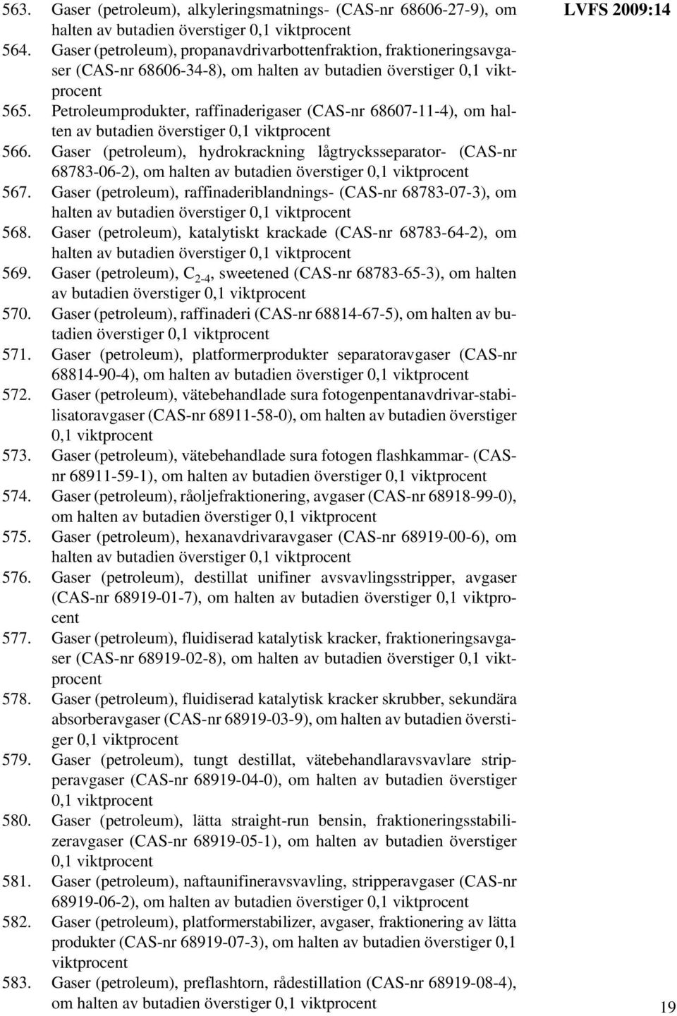 Petroleumprodukter, raffinaderigaser (CAS-nr 68607-11-4), om halten av butadien överstiger 0,1 viktprocent 566.