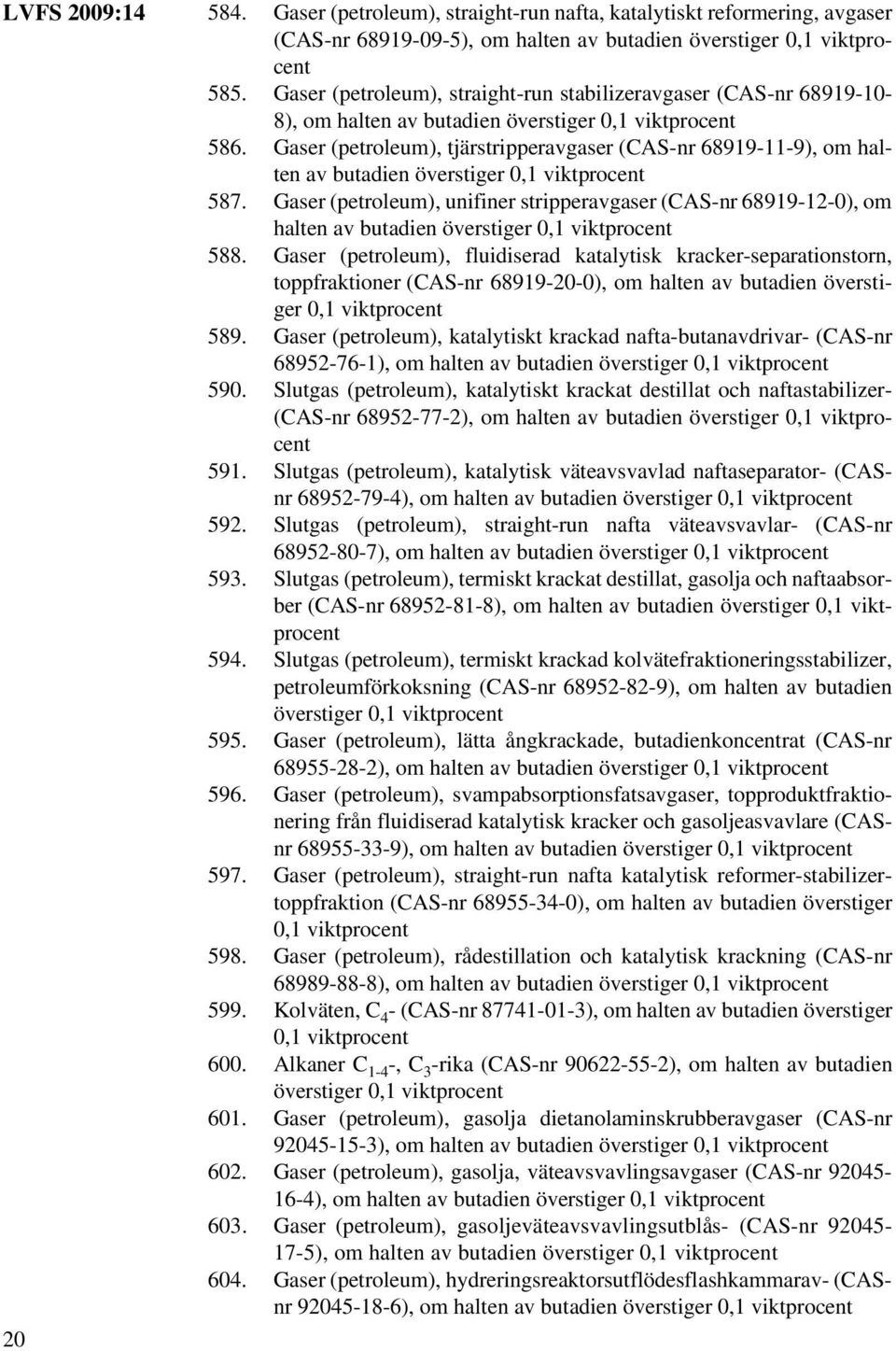 Gaser (petroleum), tjärstripperavgaser (CAS-nr 68919-11-9), om halten av butadien överstiger 0,1 viktprocent 587.