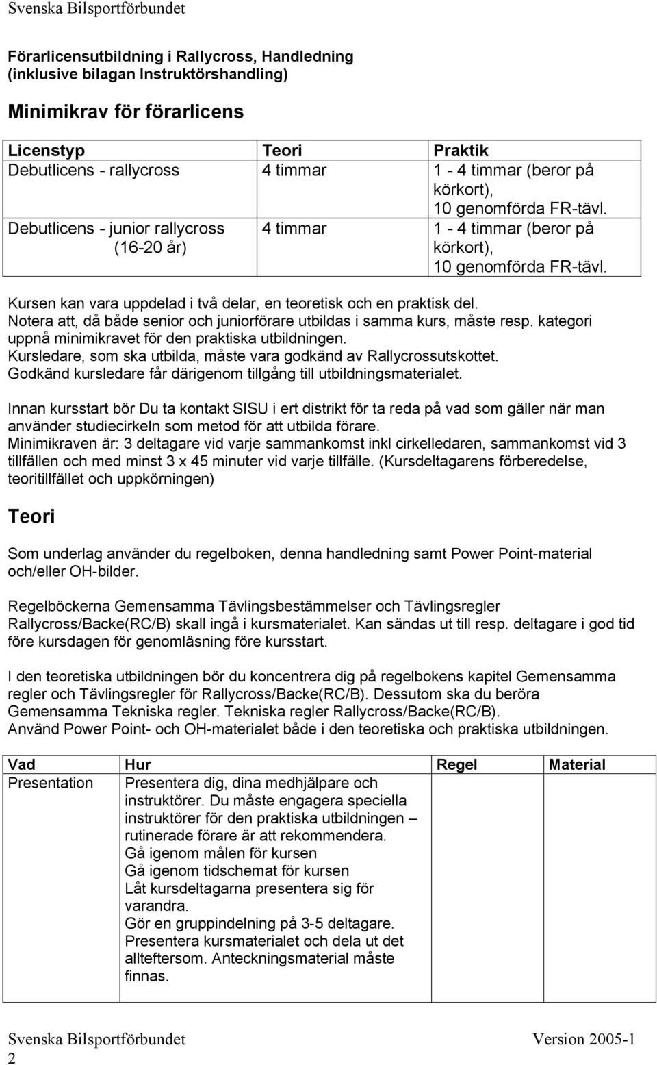 Kursen kan vara uppdelad i två delar, en teoretisk och en praktisk del. Notera att, då både senior och juniorförare utbildas i samma kurs, måste resp.