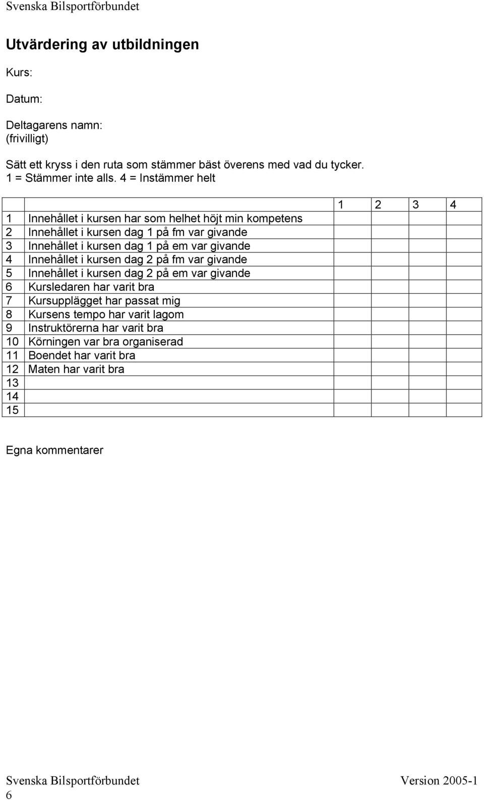 givande 4 Innehållet i kursen dag 2 på fm var givande 5 Innehållet i kursen dag 2 på em var givande 6 Kursledaren har varit bra 7 Kursupplägget har passat mig 8