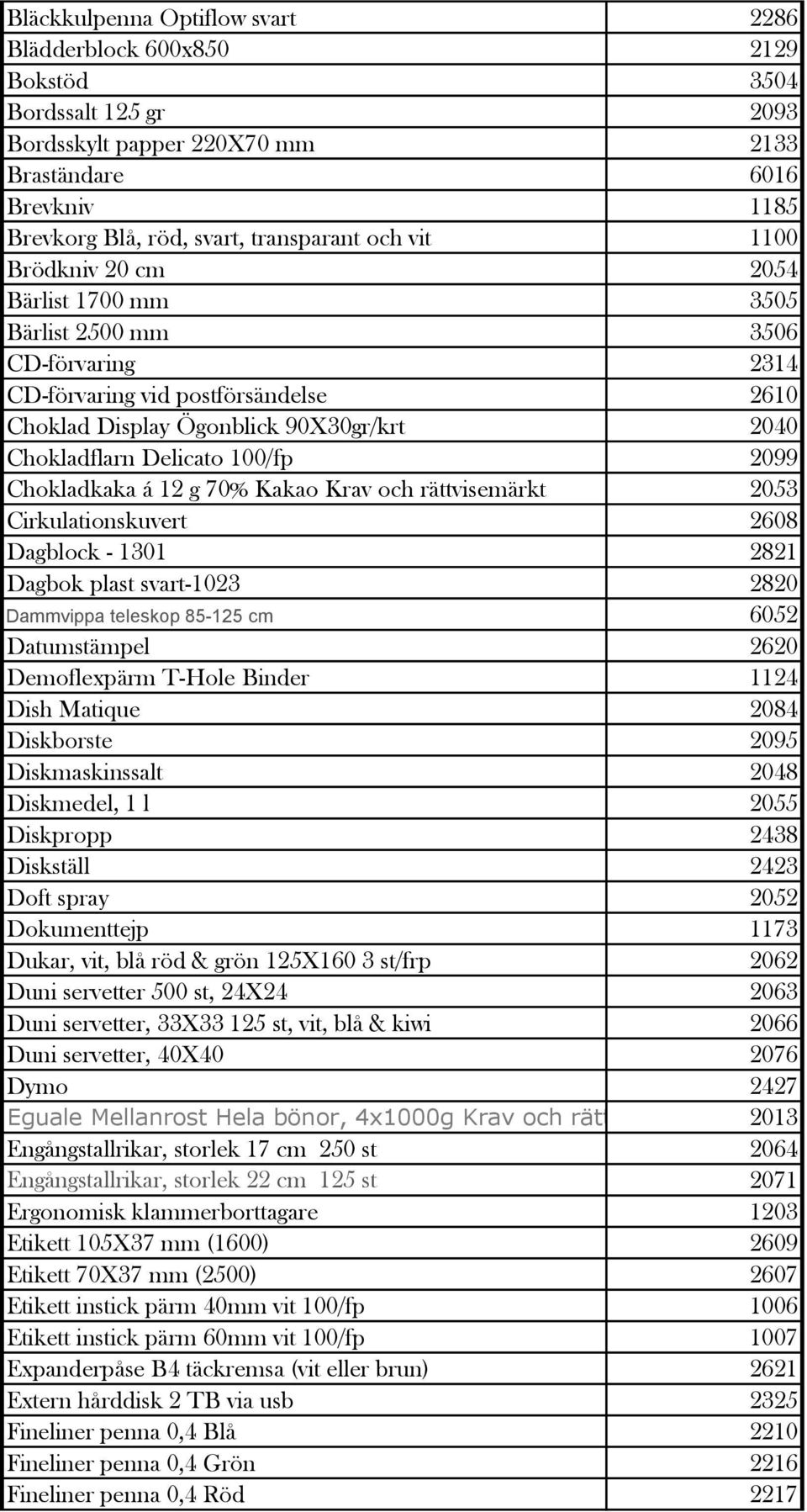 100/fp 2099 Chokladkaka á 12 g 70% Kakao Krav och rättvisemärkt 2053 Cirkulationskuvert 2608 Dagblock - 1301 2821 Dagbok plast svart-1023 2820 Dammvippa teleskop 85-125 cm 6052 Datumstämpel 2620