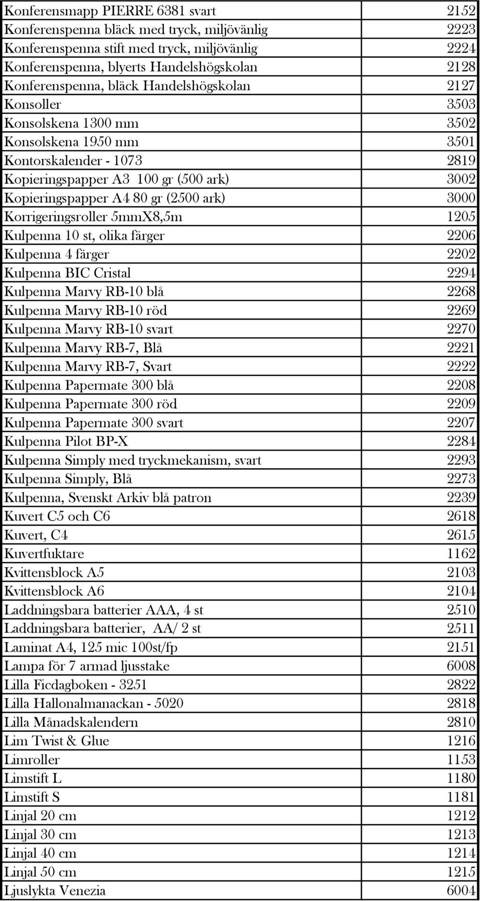 3000 Korrigeringsroller 5mmX8,5m 1205 Kulpenna 10 st, olika färger 2206 Kulpenna 4 färger 2202 Kulpenna BIC Cristal 2294 Kulpenna Marvy RB-10 blå 2268 Kulpenna Marvy RB-10 röd 2269 Kulpenna Marvy