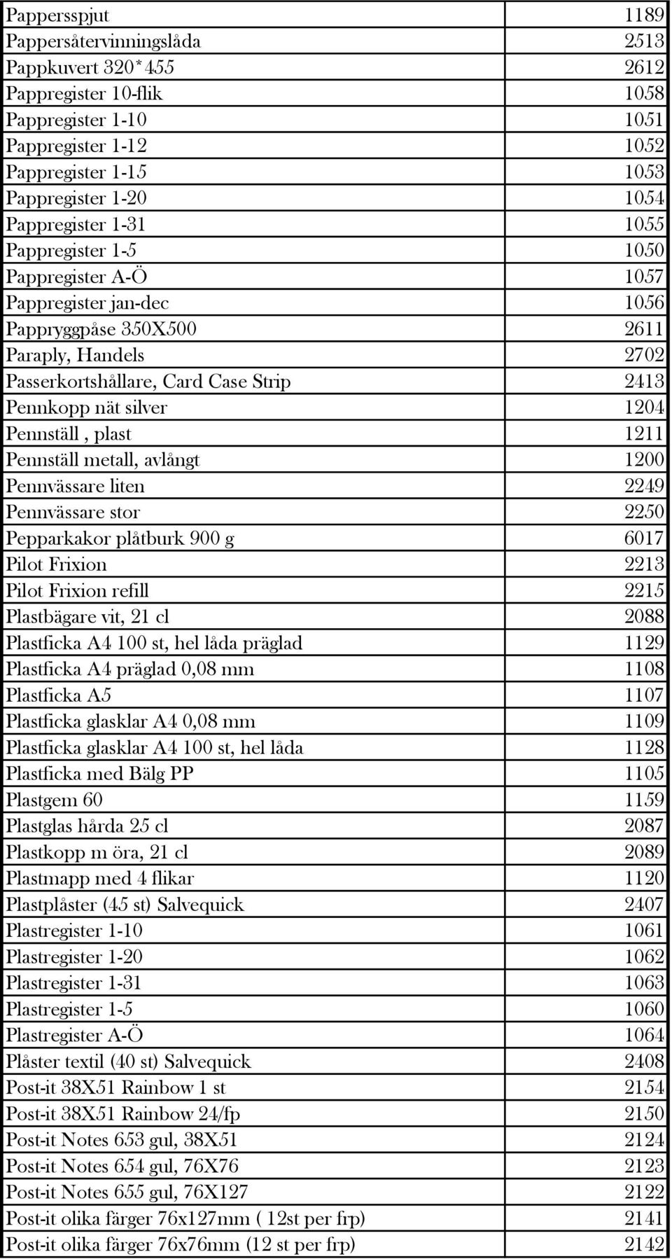 silver 1204 Pennställ, plast 1211 Pennställ metall, avlångt 1200 Pennvässare liten 2249 Pennvässare stor 2250 Pepparkakor plåtburk 900 g 6017 Pilot Frixion 2213 Pilot Frixion refill 2215 Plastbägare