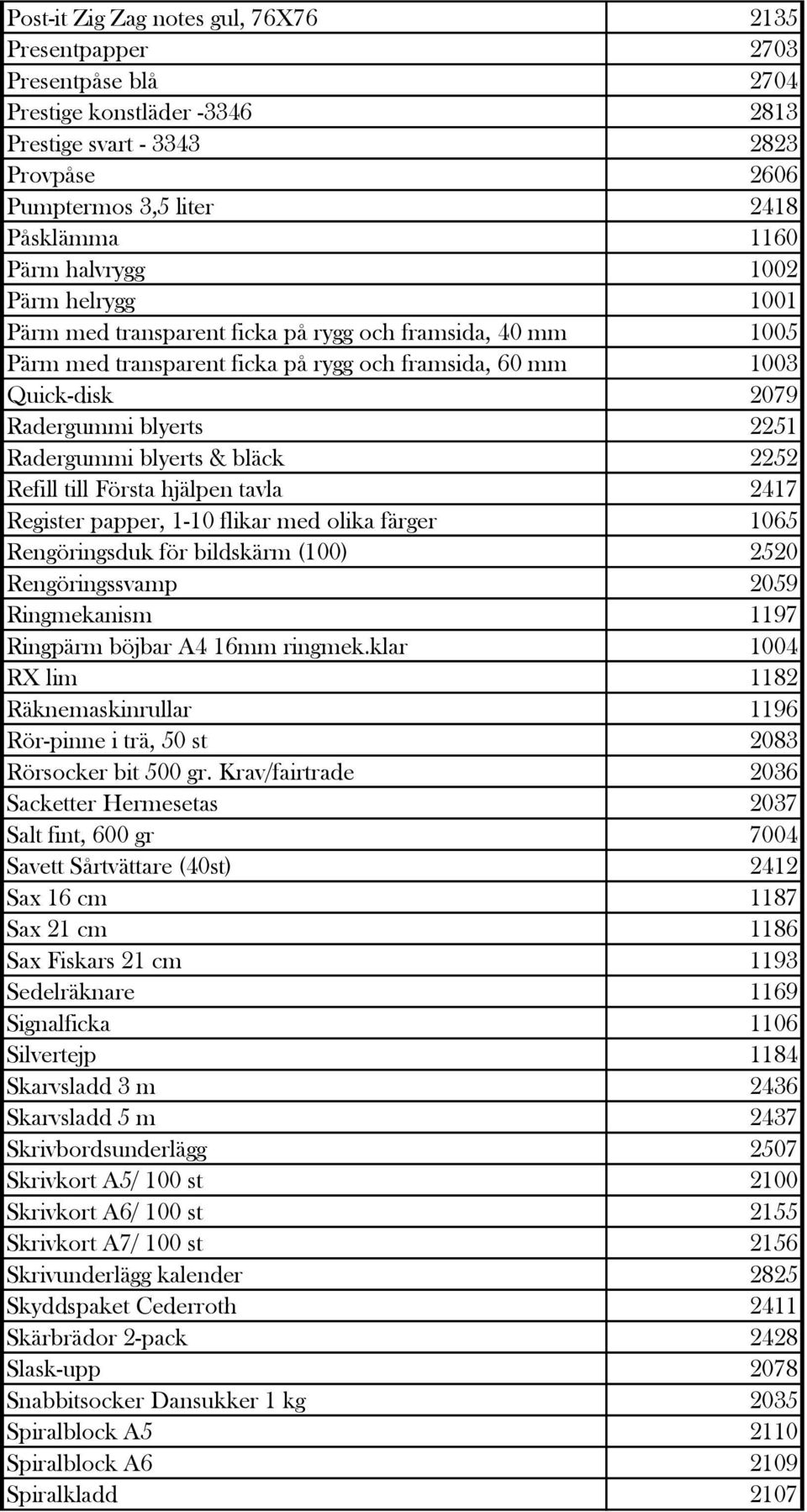 Radergummi blyerts & bläck 2252 Refill till Första hjälpen tavla 2417 Register papper, 1-10 flikar med olika färger 1065 Rengöringsduk för bildskärm (100) 2520 Rengöringssvamp 2059 Ringmekanism 1197