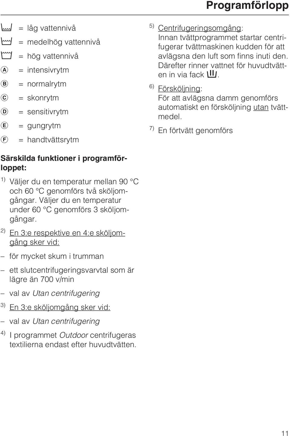 6) Försköljning: För att avlägsna damm genomförs automatiskt en försköljning utan tvättmedel.