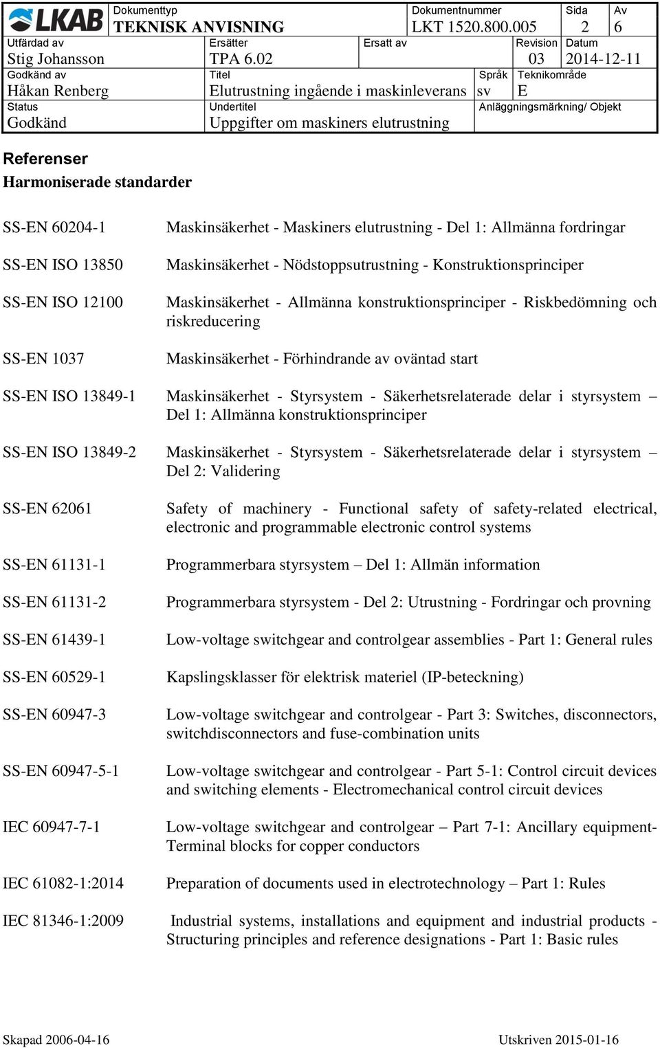 Maskinsäkerhet - Nödstoppsutrustning - Konstruktionsprinciper Maskinsäkerhet - Allmänna konstruktionsprinciper - Riskbedömning och riskreducering Maskinsäkerhet - Förhindrande av oväntad start SS-EN