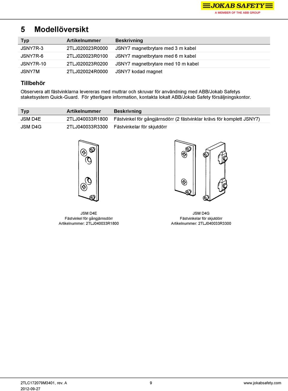 Quick-Guard. För ytterligare information, kontakta lokalt ABB/Jokab Safety försäljningskontor.