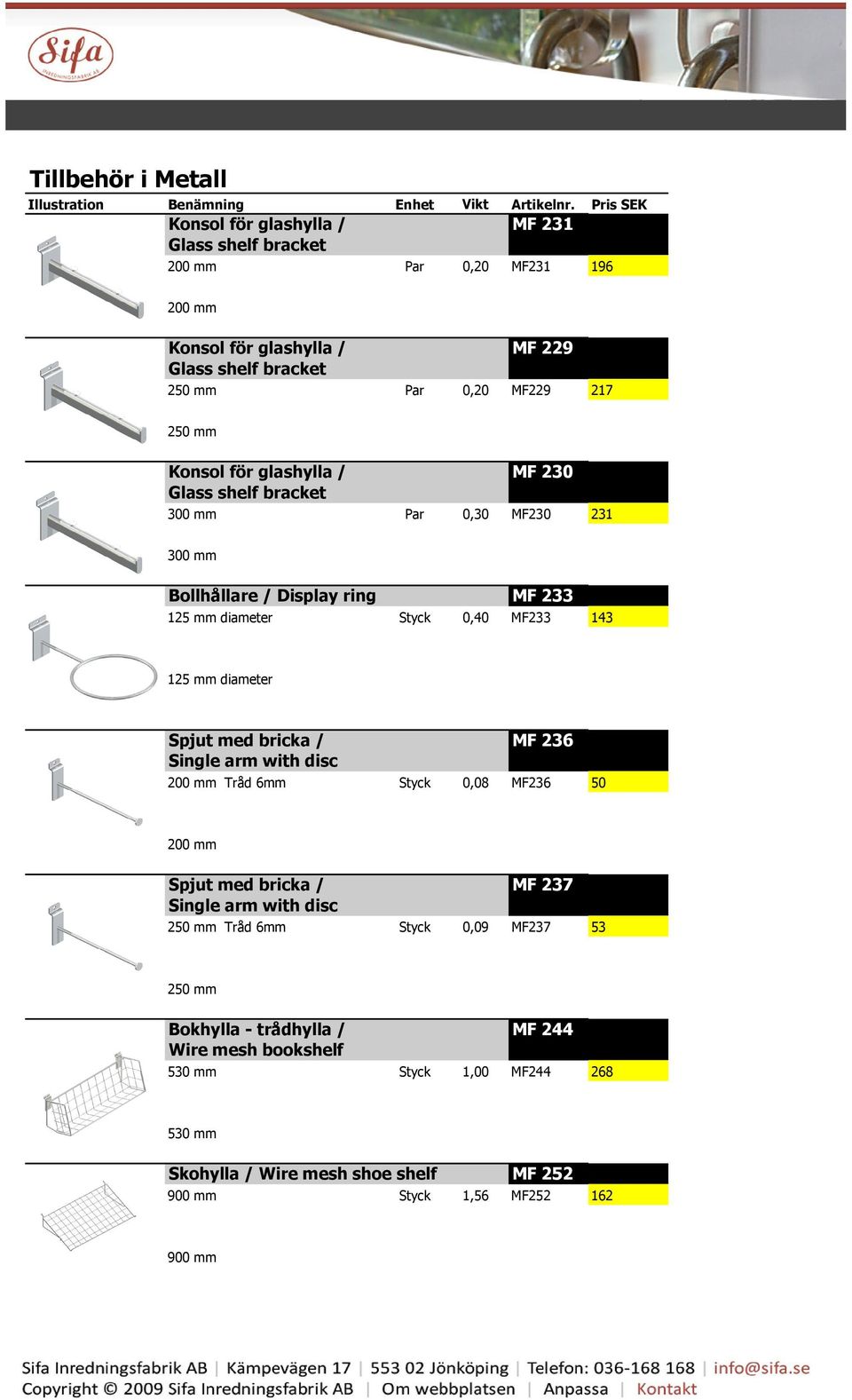 diameter Spjut med bricka / MF 236 Single arm with disc 200 mm Tråd 6mm Styck 0,08 MF236 50 200 mm Spjut med bricka / MF 237 Single arm with disc 250 mm Tråd 6mm Styck 0,09