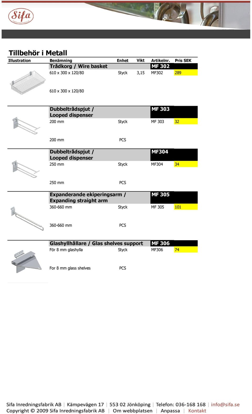 dispenser 250 mm Styck MF304 34 250 mm PCS Expanderande ekiperingsarm / MF 305 Expanding straight arm 360-660 mm Styck