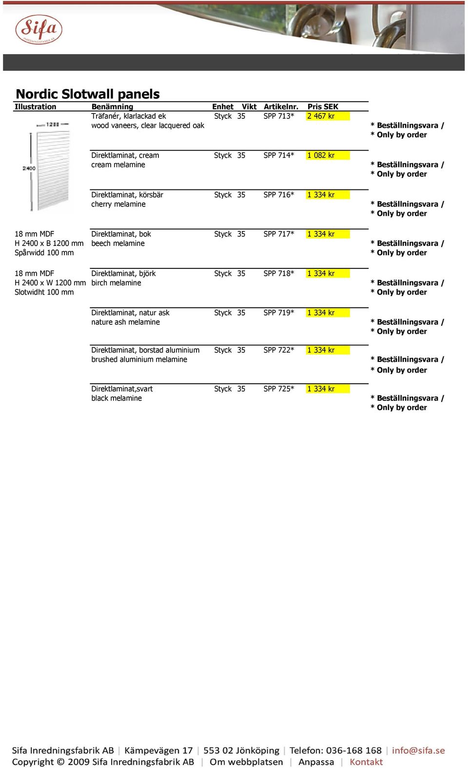 beech melamine * Beställningsvara / Spårwidd 100 mm 18 mm MDF Direktlaminat, björk Styck 35 SPP 718* 1 334 kr ## H 2400 x W 1200 mm birch melamine * Beställningsvara / Slotwidht 100 mm Direktlaminat,