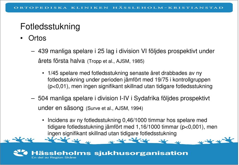 ingen signifikant skillnad utan tidigare fotledsstukning 504 manliga spelare i division I-IV i Sydafrika följdes prospektivt under en säsong (Surve et al.