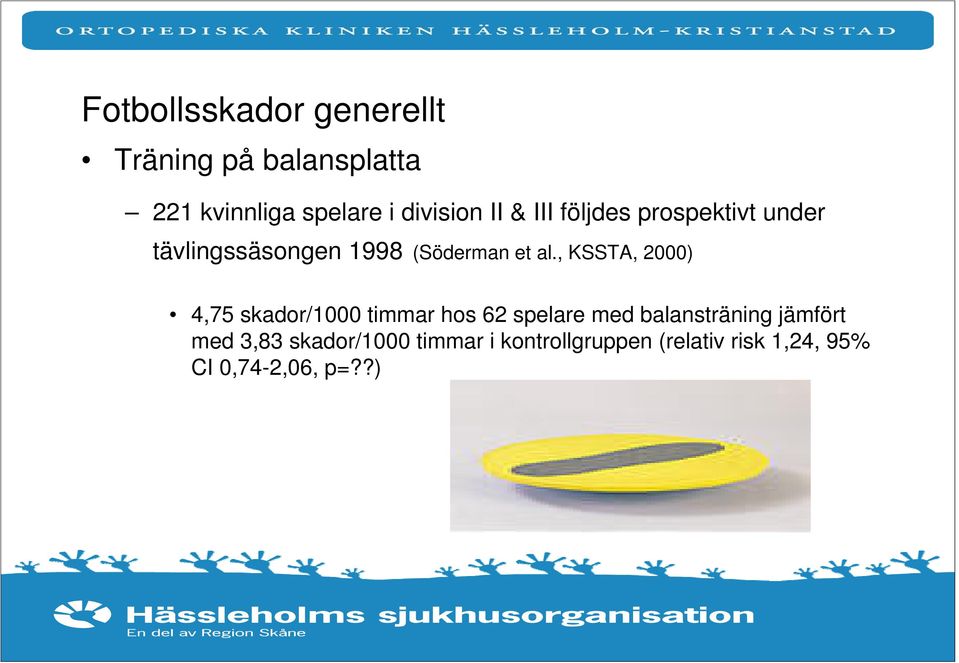 al., KSSTA, 2000) 4,75 skador/1000 timmar hos 62 spelare med balansträning