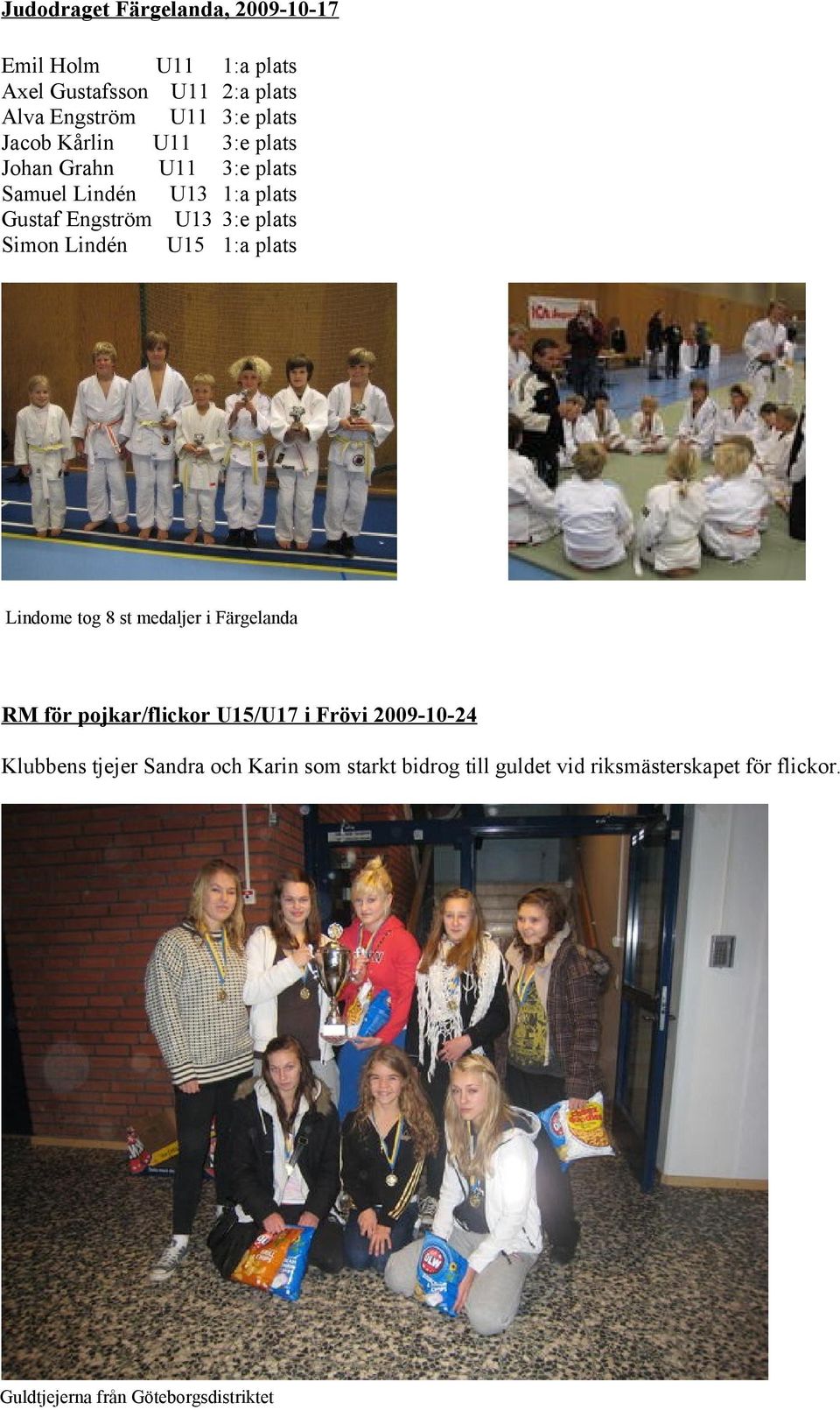 plats 1:a plats Lindome tog 8 st medaljer i Färgelanda RM för pojkar/flickor U15/U17 i Frövi 2009-10-24 Klubbens