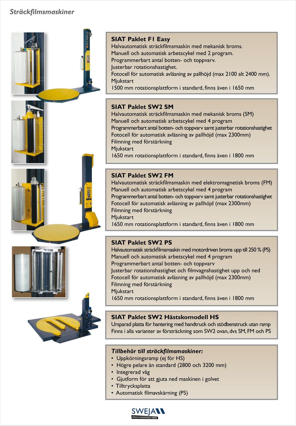 1500 mm rotationsplattform i standard, finns även i 1650 mm SIAT Paklet SW2 SM Halvautomatisk sträckfilmsmaskin med mekanisk broms (SM) Manuell och automatisk arbetscykel med 4 program Programmerbart