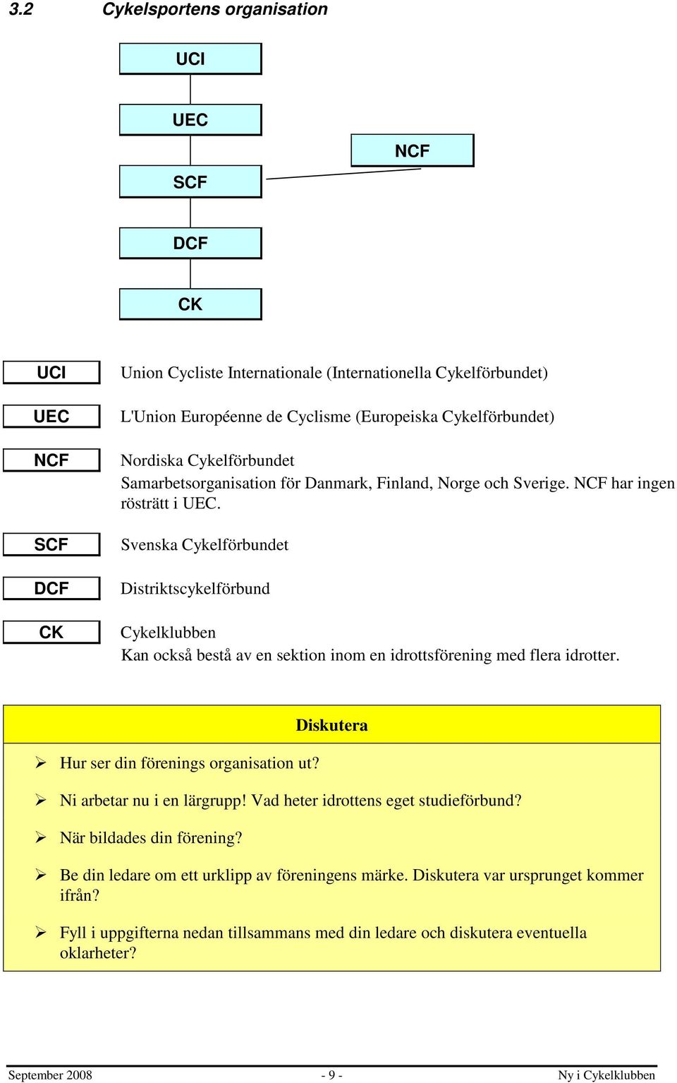 Svenska Cykelförbundet Distriktscykelförbund Cykelklubben Kan också bestå av en sektion inom en idrottsförening med flera idrotter. Hur ser din förenings organisation ut?
