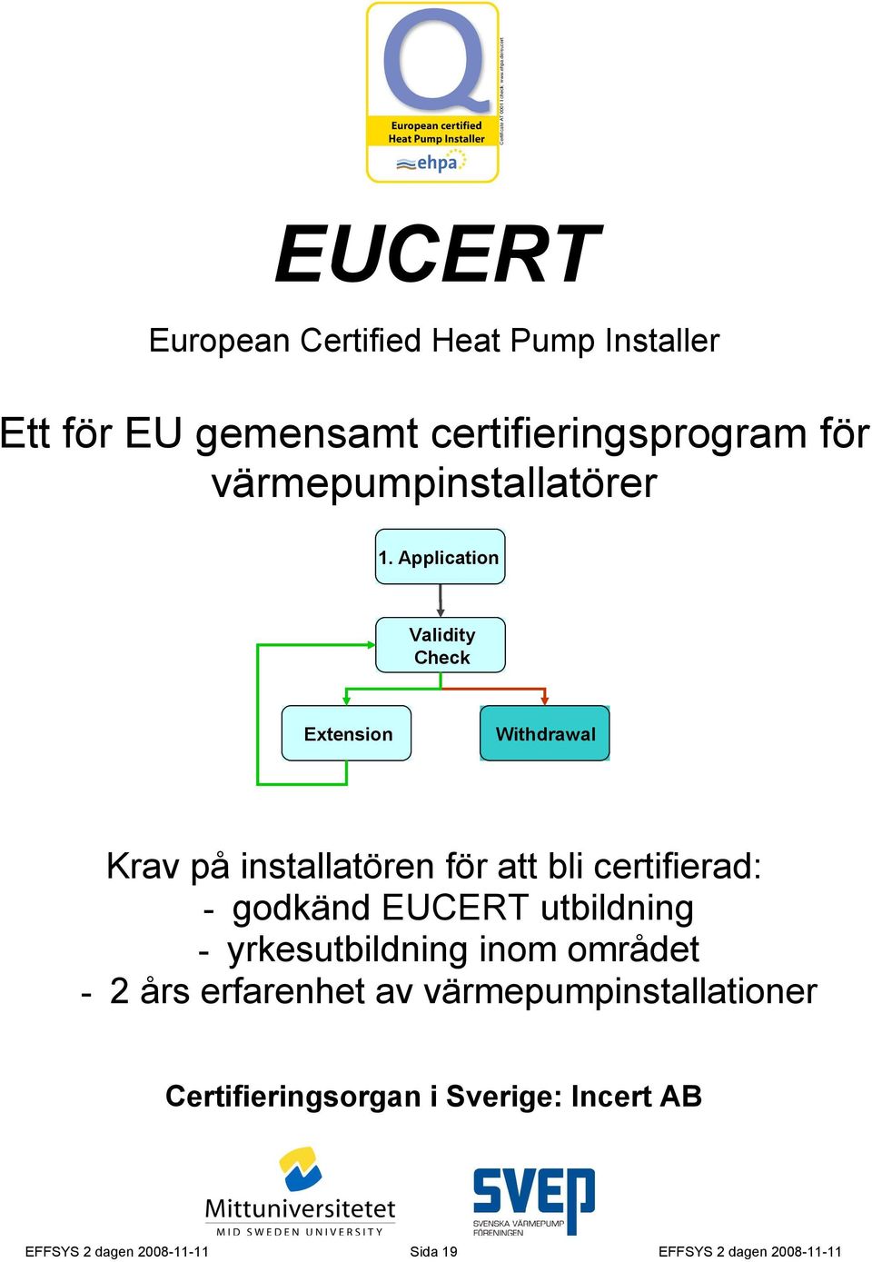 Application Validity Check Extension Withdrawal Krav på installatören för att bli certifierad: - godkänd