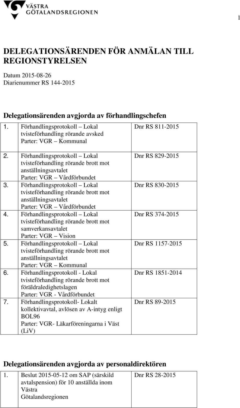 Förhandlingsprotokoll Lokal tvisteförhandling rörande brott mot anställningsavtalet Parter: VGR Vårdförbundet 3.