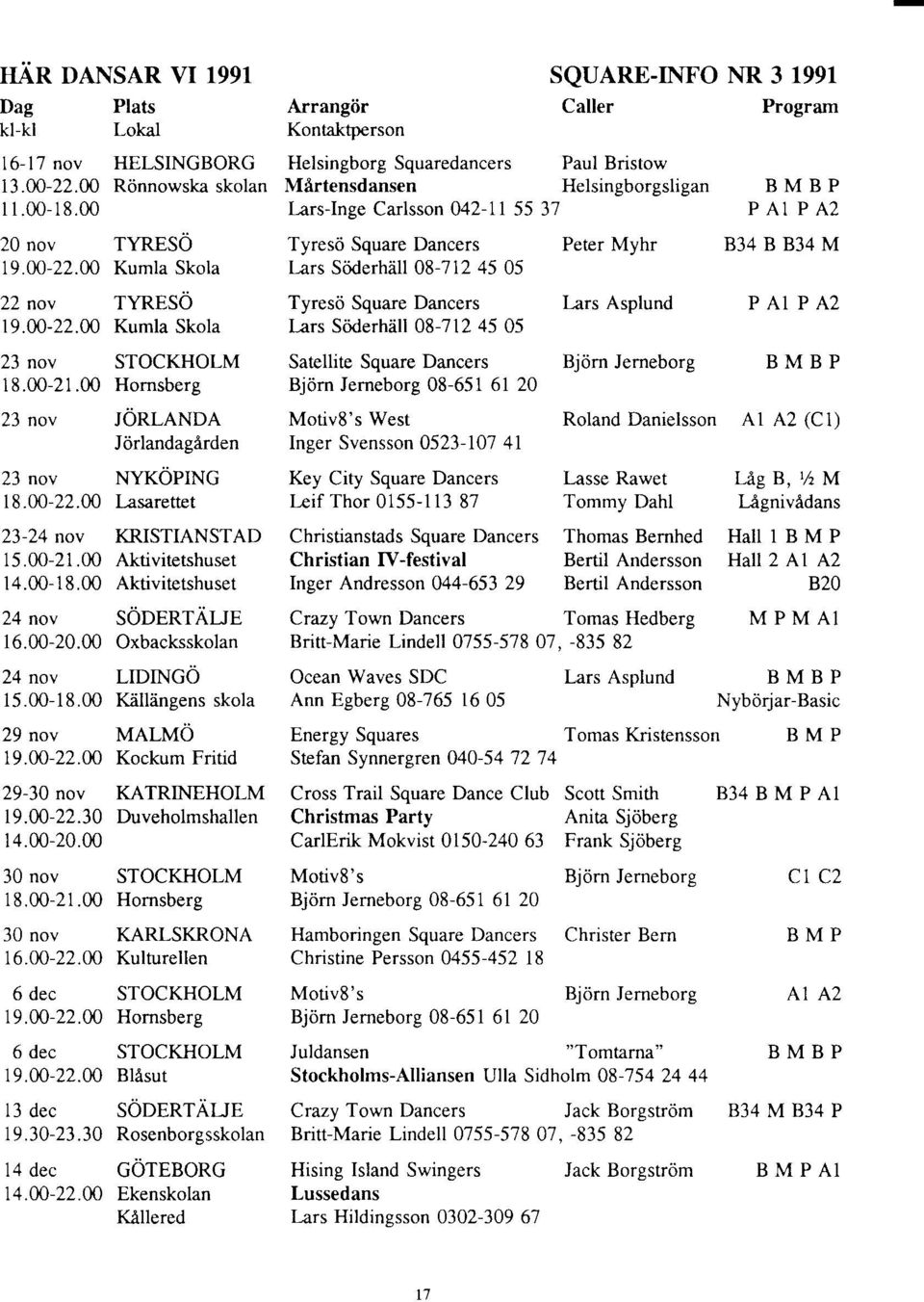 00 Kumla Skola t-ars Soderhiill 08-712 45 05 22 nov TYRESd Tyresci Square Dancers l-ars Asplund P A1 P A2 19.00-22.