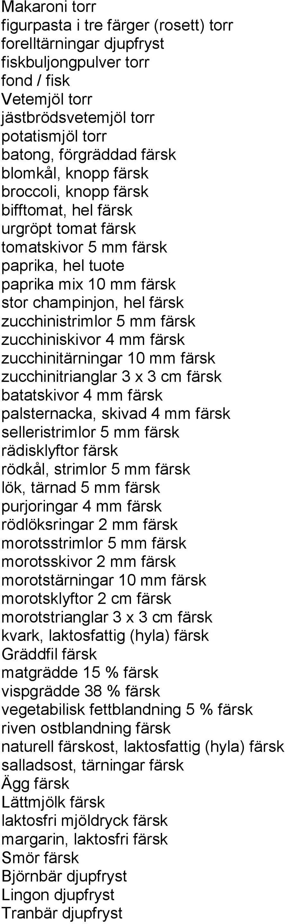 färsk zucchiniskivor 4 mm färsk zucchinitärningar 10 mm färsk zucchinitrianglar 3 x 3 cm färsk batatskivor 4 mm färsk palsternacka, skivad 4 mm färsk selleristrimlor 5 mm färsk rädisklyftor färsk