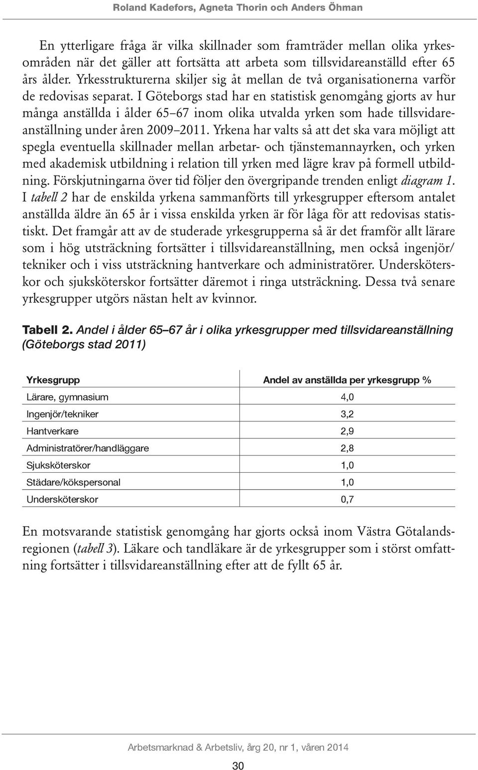 I Göteborgs stad har en statistisk genomgång gjorts av hur många anställda i ålder 65 67 inom olika utvalda yrken som hade tillsvidareanställning under åren 2009 2011.