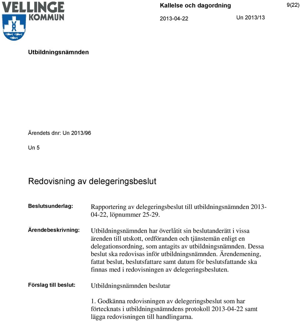 Förslag till beslut: har överlåtit sin beslutanderätt i vissa ärenden till utskott, ordföranden och tjänstemän enligt en delegationsordning, som antagits av