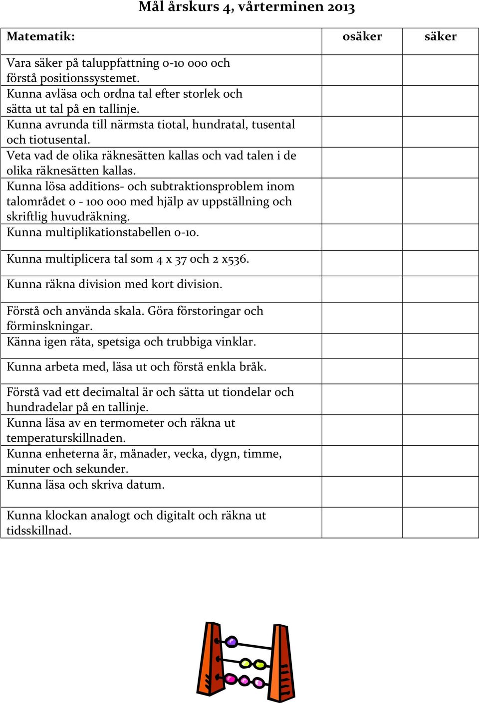 Kunna lösa additions- och subtraktionsproblem inom talområdet 0-100 000 med hjälp av uppställning och skriftlig huvudräkning. Kunna multiplikationstabellen 0-10.