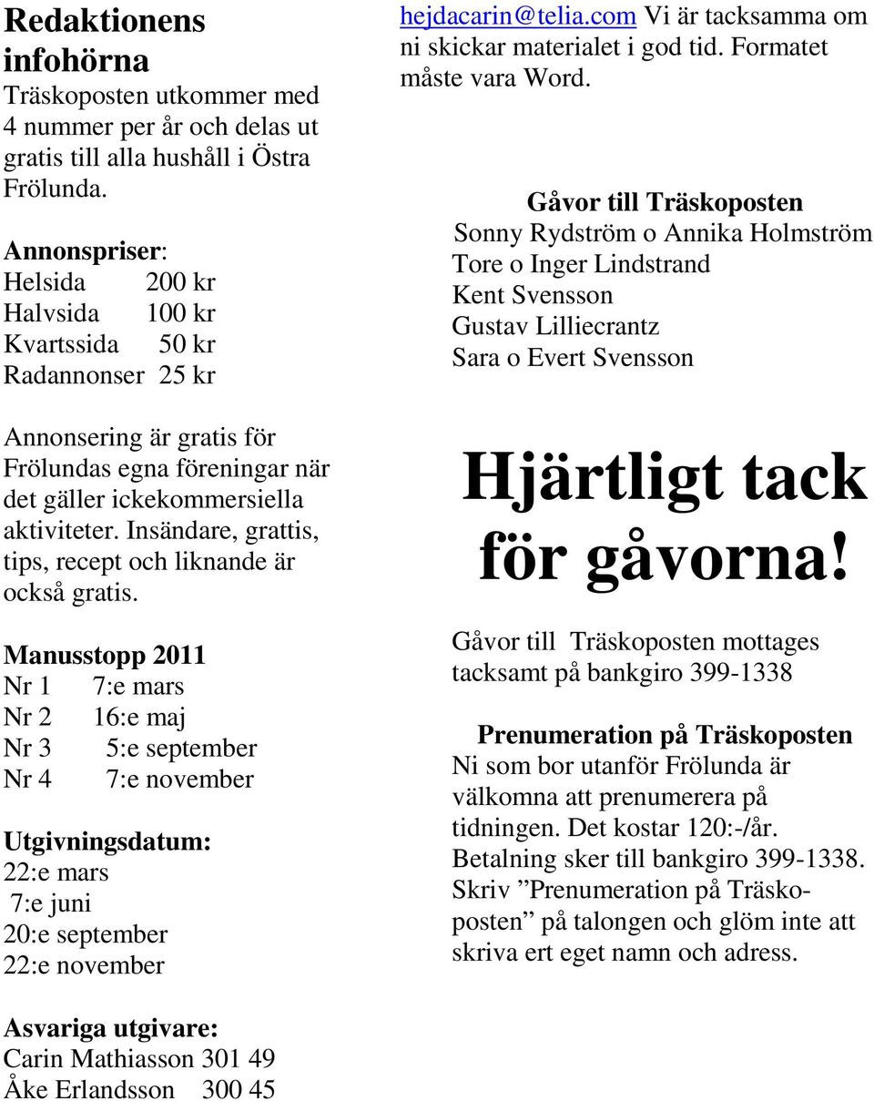 Insändare, grattis, tips, recept och liknande är också gratis.