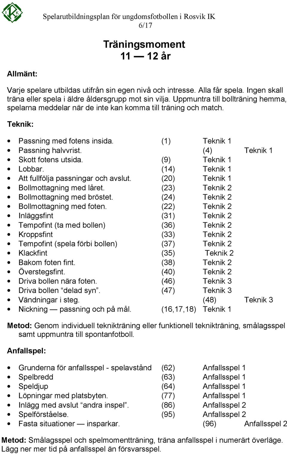 (9) Teknik 1 Lobbar. (14) Teknik 1 Att fullfölja passningar och avslut. (20) Teknik 1 Bollmottagning med låret. (23) Teknik 2 Bollmottagning med bröstet. (24) Teknik 2 Bollmottagning med foten.