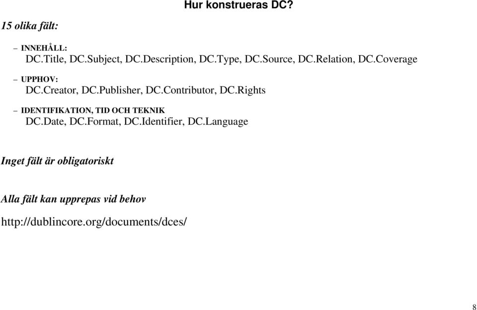 Contributor, DC.Rights IDENTIFIKATION, TID OCH TEKNIK DC.Date, DC.Format, DC.Identifier, DC.