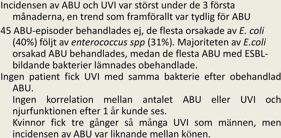 coli orsakad ABU behandlades, medan de flesta ABU med ESBLbildande bakterier lämnades obehandlade.